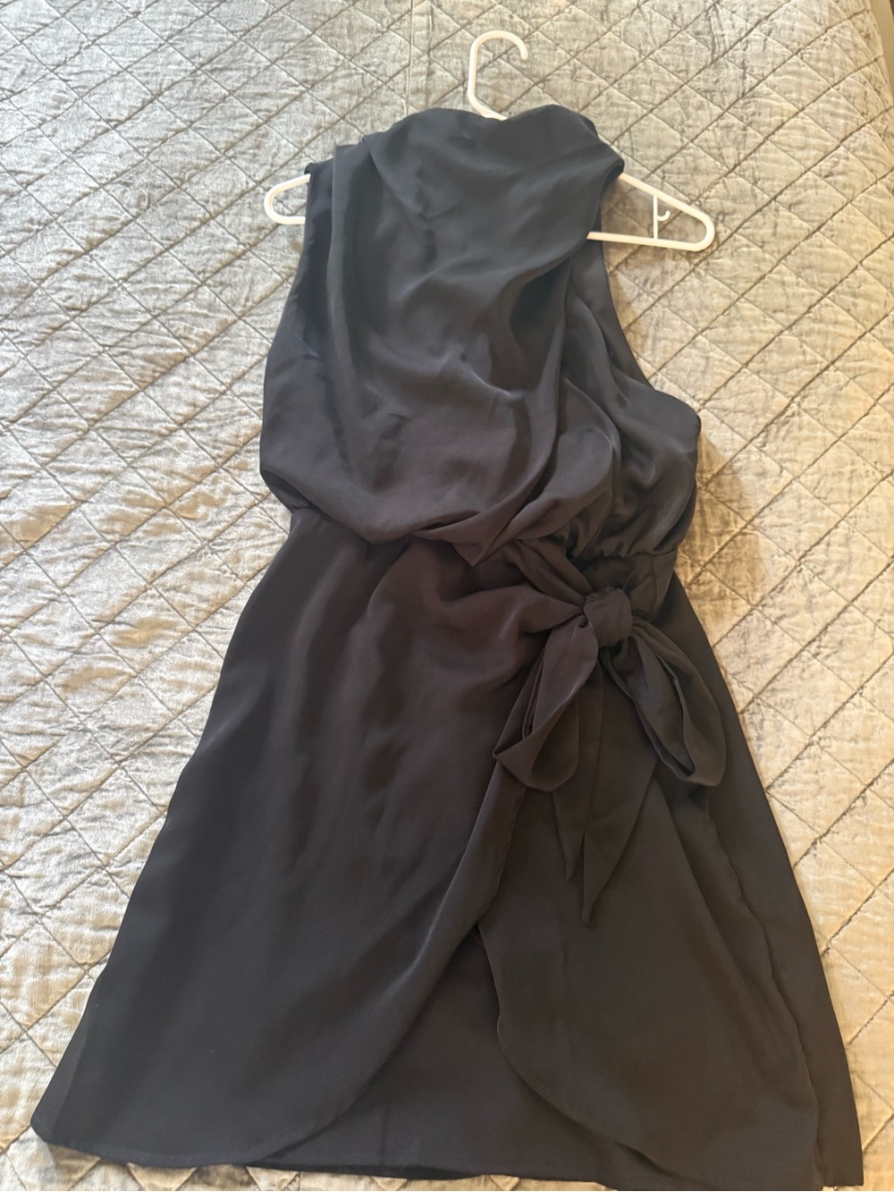 Tie-Waist Black Mini Dress with Draped Neck